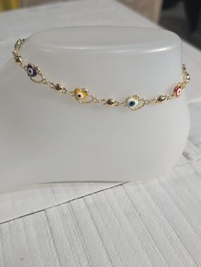 14k Gold Plated Multi-Color Heart Evil Eye Ankle Bracelet